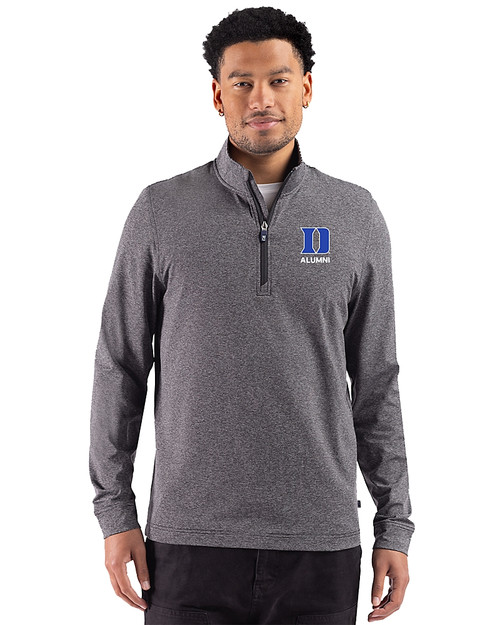Duke Blue Devils Alumni Cutter & Buck Adapt Recycled Soft Knit Stripe Mens Big & Tall Quarter Zip Pullover Black Heather Front