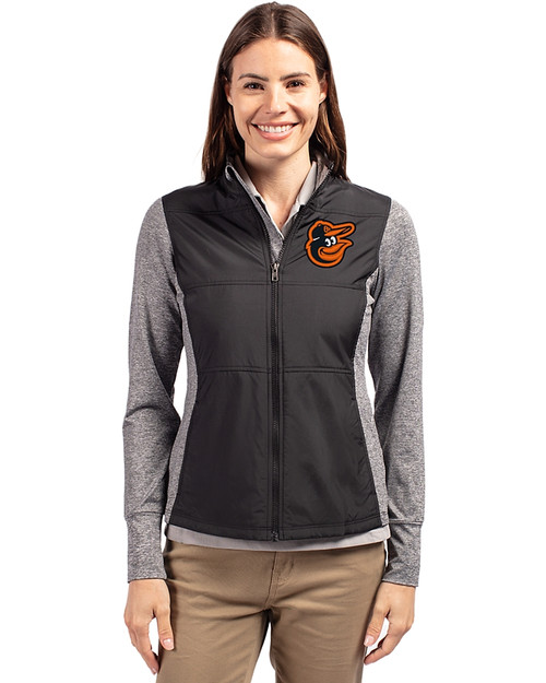 Baltimore Orioles Cutter & Buck Stealth Hybrid Quilted Womens Full Zip Windbreaker Jacket Black Front