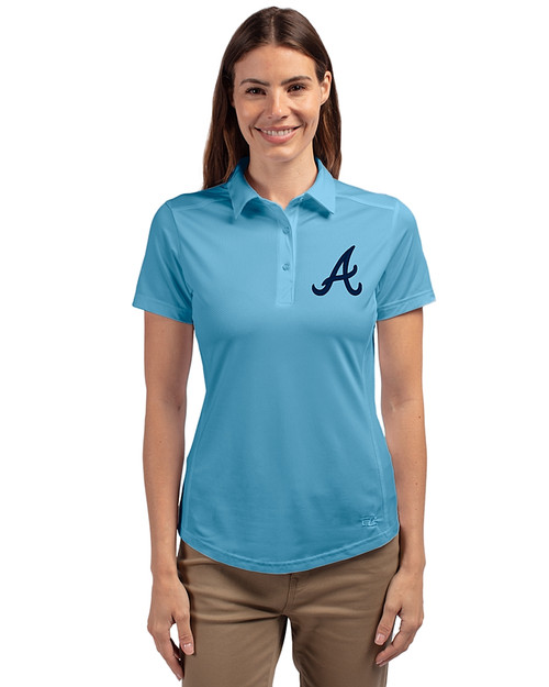 Atlanta Braves Cutter & Buck Prospect Eco Textured Stretch Recycled Womens Short Sleeve Polo Atlas Light Blue Front