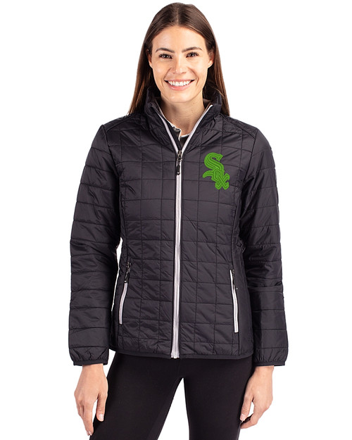 Chicago White Sox Cutter & Buck Rainier Recycled Insulated Puffer Womens Full Zip Jacket Black Front