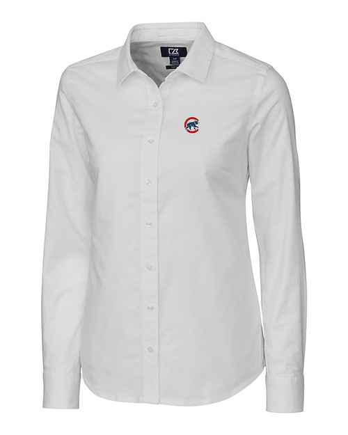 Chicago Cubs Cutter & Buck Stretch Oxford Womens Long Sleeve Dress Shirt White Mannequin