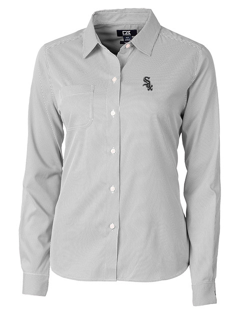 Chicago White Sox Cutter & Buck Versatech Pinstripe Stretch Womens Long Sleeve Dress Shirt Black Mannequin