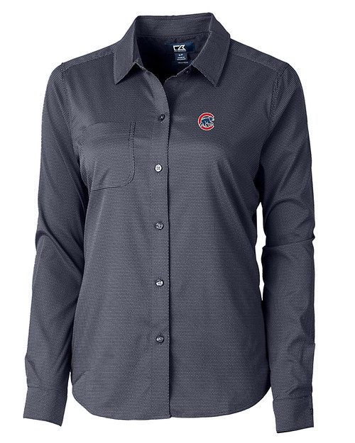 Chicago Cubs Cutter & Buck Versatech Geo Dobby Stretch Womens Long Sleeve Dress Shirt Liberty Navy Mannequin