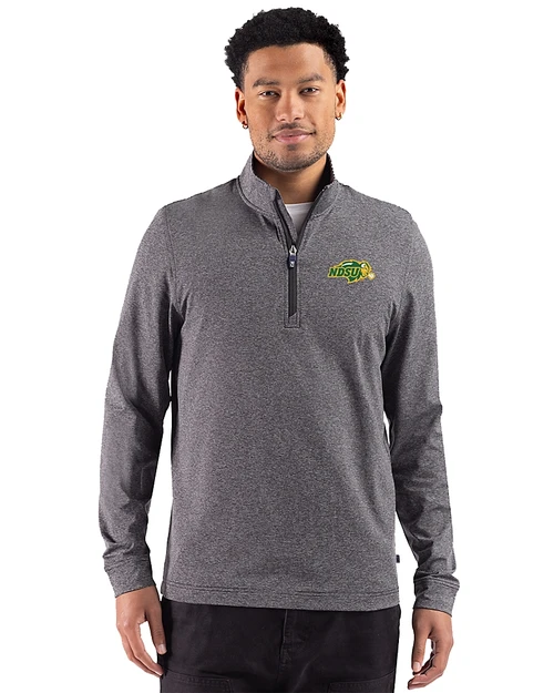 NDSU Bison Cutter & Buck Adapt Recycled Soft Knit Stripe Mens Big & Tall Quarter Zip Pullover Black Heather Front