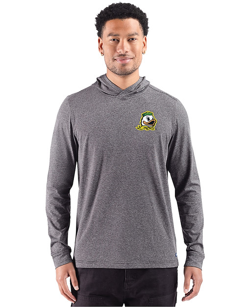 Oregon Ducks Cutter & Buck Adapt Recycled Soft Knit Stripe Mens Big & Tall Hooded Pullover Black Heather Front