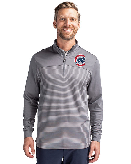 Chicago Cubs Cutter & Buck Traverse Stretch Eco Stripe Quarter Zip Mens Pullover Elemental Grey Front