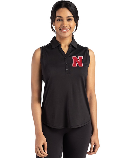 Nebraska Cornhuskers Cutter & Buck Forge Recycled Four-Way Stretch Womens Sleeveless Polo Black Front