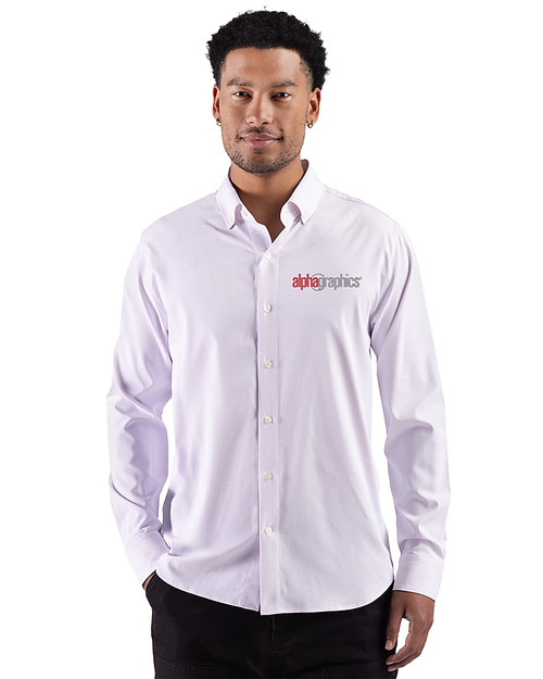 Alphagraphics Cutter & Buck Skyline Windowpane Recycled Long Sleeve Button Down Mens Dress Shirt Red Front