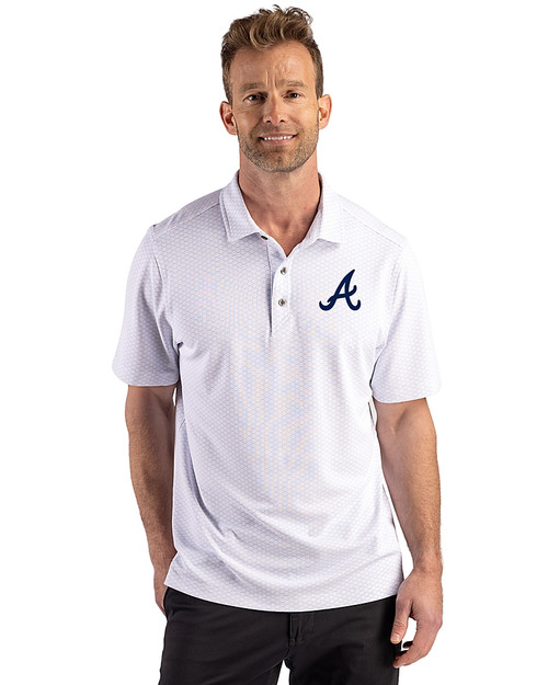 Atlanta Braves Cutter & Buck Virtue Recycled Hex Print Featherlight Pique Mens Big & Tall Polo Atlas Light Blue Front