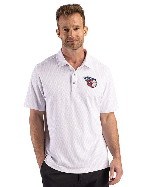 Cleveland Guardians Cutter & Buck Virtue Recycled Hex Print Featherlight Pique Mens Big & Tall Polo Polished Medium Gray Front