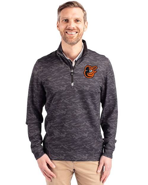 Baltimore Orioles Cutter & Buck Traverse Stretch Eco Camo Print Quarter Zip Mens Pullover Black Front