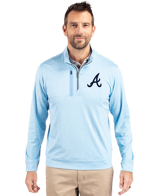 Atlanta Braves Cutter & Buck Stealth Heathered Mens Quarter Zip Atlas Light Blue Front