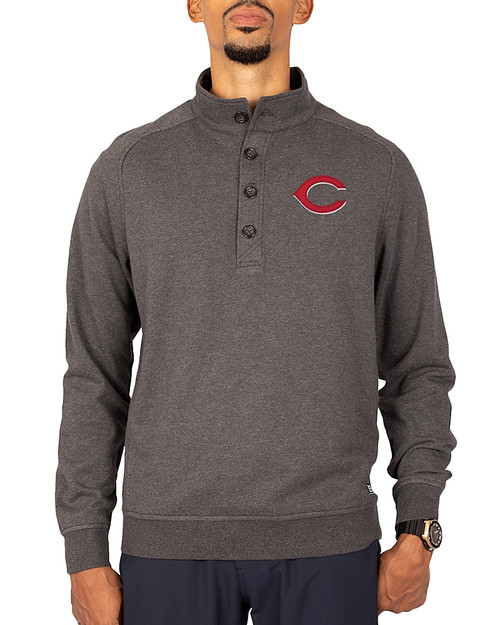 Cincinnati Reds Cutter & Buck Saturday Cotton Blend Mens Big and Tall  Mock Pullover Sweatshirt Charcoal Heather Front