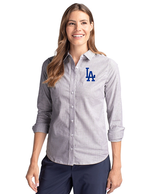 Los Angeles Dodgers Cutter & Buck Stretch Oxford Stripe Womens Long Sleeve Dress Shirt Charcoal Front