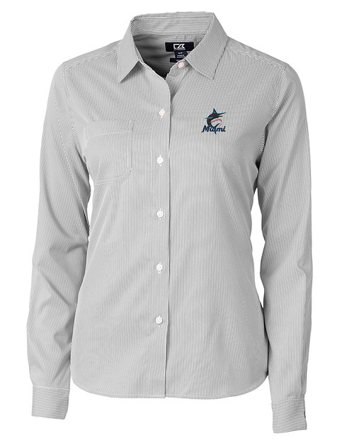 Miami Marlins Cutter & Buck Versatech Pinstripe Stretch Womens Long Sleeve Dress Shirt Black Mannequin