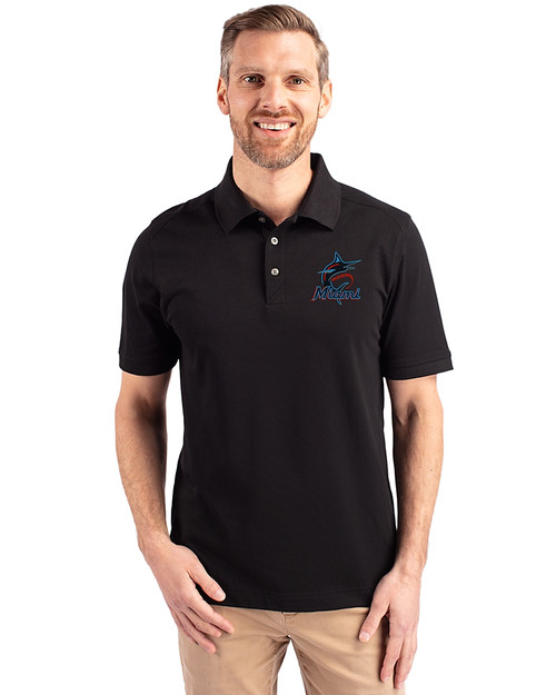 Miami Marlins Cutter & Buck Advantage Eco Tri-Blend Pique Mens Polo Black Front