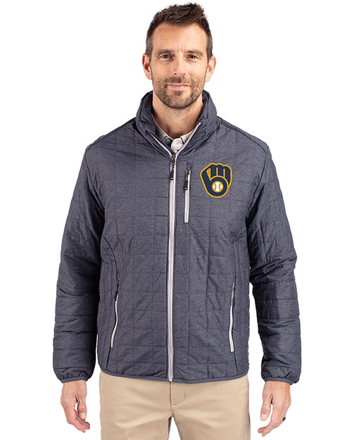 Milwaukee Brewers Cutter & Buck Rainier Recycled Insulated Puffer Mens Full Zip Jacket Anthracite Melange Front