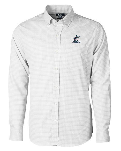 Miami Marlins Cutter & Buck Versatech Tattersall Stretch Mens Long Sleeve Dress Shirt Charcoal Mannequin