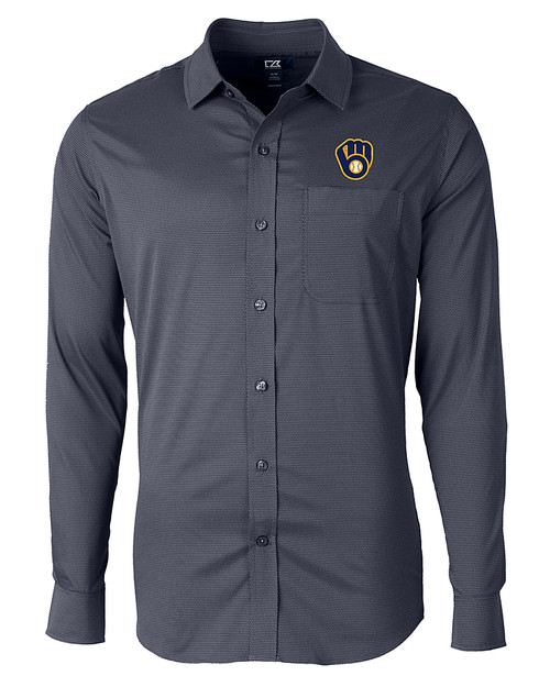 Milwaukee Brewers Cutter & Buck Versatech Geo Dobby Stretch Mens Long Sleeve Dress Shirt Liberty Navy Mannequin