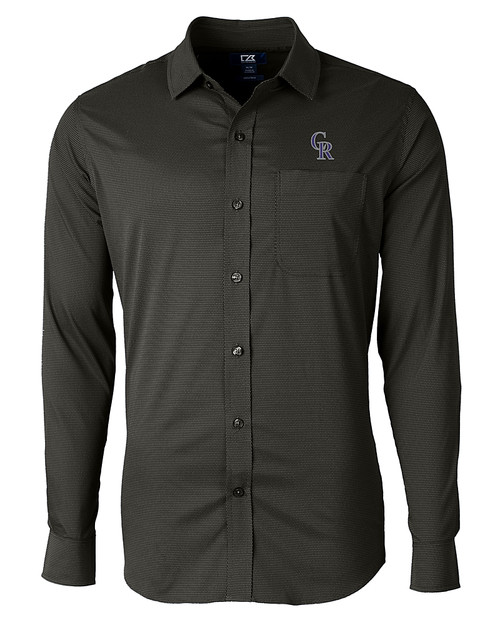 Colorado Rockies Cutter & Buck Versatech Geo Dobby Stretch Mens Long Sleeve Dress Shirt Black Mannequin