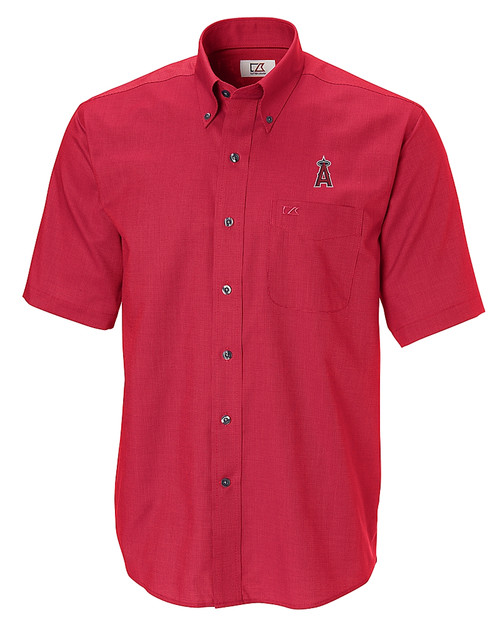 Los Angeles Angels Cutter & Buck Epic Easy Care Nailshead Mens Short Sleeve Dress Shirt Cardinal Red Mannequin