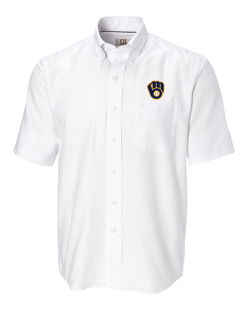 Milwaukee Brewers Cutter & Buck Epic Easy Care Nailshead Mens Short Sleeve Dress Shirt White Mannequin