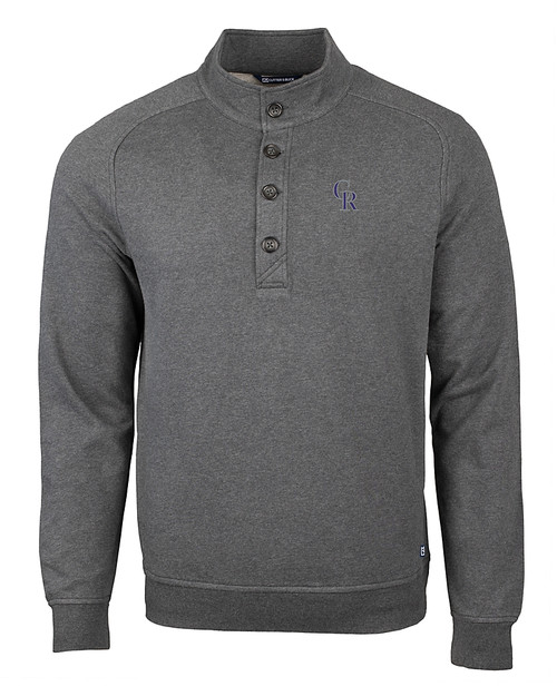 Colorado Rockies Cutter & Buck Saturday Cotton Blend Mens Big and Tall  Mock Pullover Sweatshirt Charcoal Heather Mannequin
