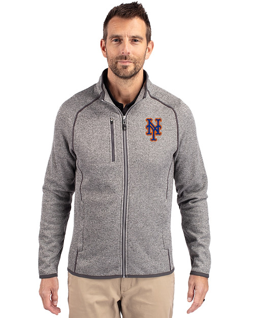 New York Mets Cutter & Buck Mainsail Sweater-Knit Mens Big and Tall Full Zip Jacket Polished Heather Front