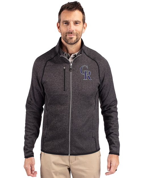 Colorado Rockies Cutter & Buck Mainsail Sweater-Knit Mens Big and Tall Full Zip Jacket Charcoal Heather Front
