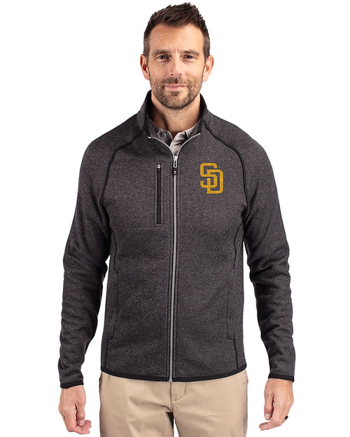 San Diego Padres Cutter & Buck Mainsail Sweater-Knit Mens Big and Tall Full Zip Jacket Charcoal Heather Front