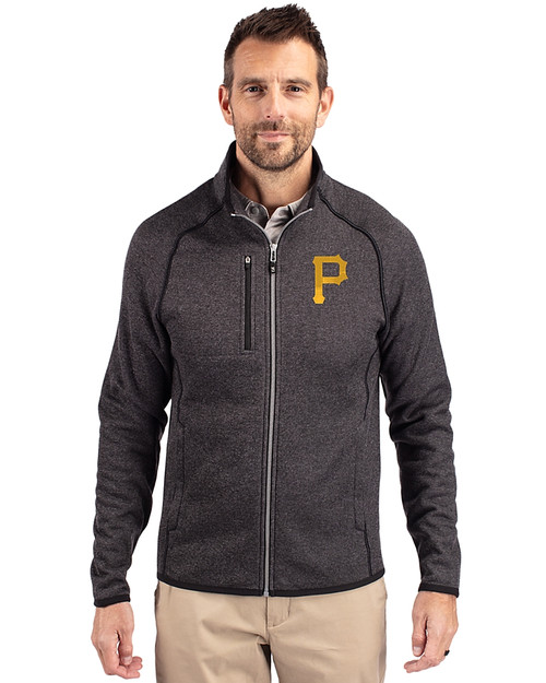 Pittsburgh Pirates Cutter & Buck Mainsail Sweater-Knit Mens Big and Tall Full Zip Jacket Charcoal Heather Front