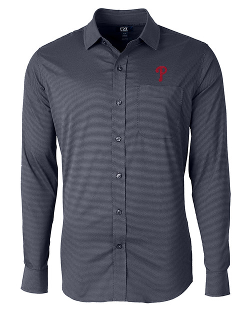 Philadelphia Phillies Cutter & Buck Versatech Geo Dobby Stretch Mens Big and Tall Long Sleeve Dress Shirt Liberty Navy Mannequin