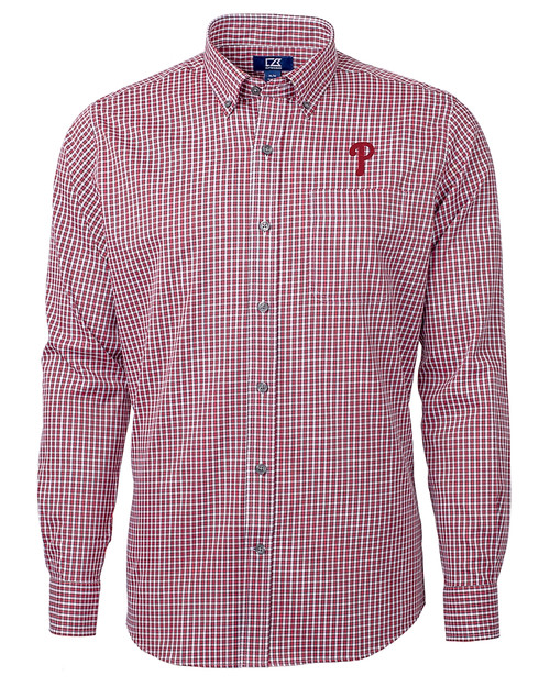 Philadelphia Phillies Cutter & Buck Versatech Multi Check Stretch Mens Big and Tall Long Sleeve Dress Shirt Red Mannequin