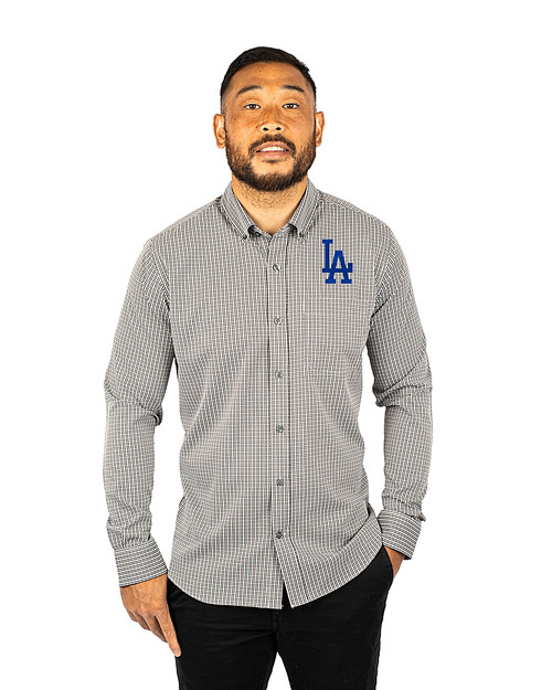 Los Angeles Dodgers Cutter & Buck Versatech Multi Check Stretch Mens Big and Tall Long Sleeve Dress Shirt Black Front