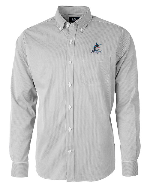 Miami Marlins Cutter & Buck Versatech Pinstripe Stretch Mens Big and Tall Dress Shirt Black Mannequin