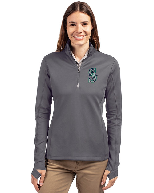 Seattle Mariners Cutter & Buck Traverse Stretch Eco Quarter Zip Womens Pullover Elemental Grey Front