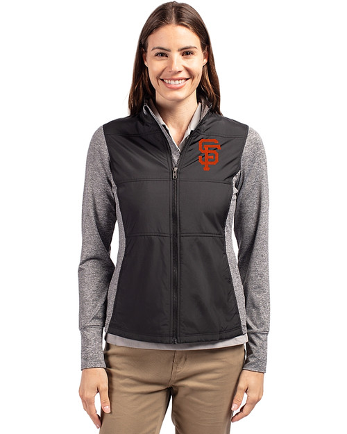 San Francisco Giants Cutter & Buck Stealth Hybrid Quilted Womens Full Zip Windbreaker Jacket Black Front