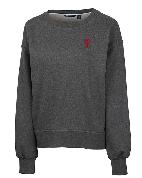 Philadelphia Phillies Cutter & Buck Saturday Cotton Blend Womens Crew Neck Sweatshirt Charcoal Heather Mannequin