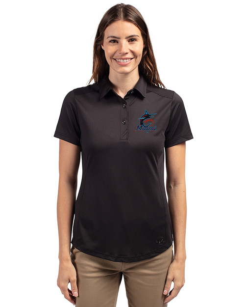 Miami Marlins Cutter & Buck Prospect Eco Textured Stretch Recycled Womens Short Sleeve Polo Black Front
