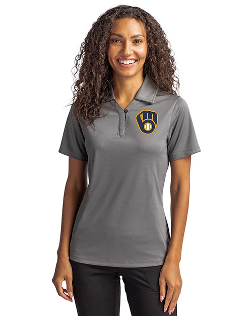 Milwaukee Brewers Cutter & Buck Genre Textured Solid Womens Polo Elemental Grey Front