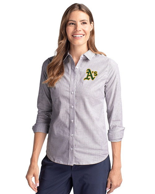 Athletics Cutter & Buck Stretch Oxford Stripe Womens Long Sleeve Dress Shirt Charcoal Front