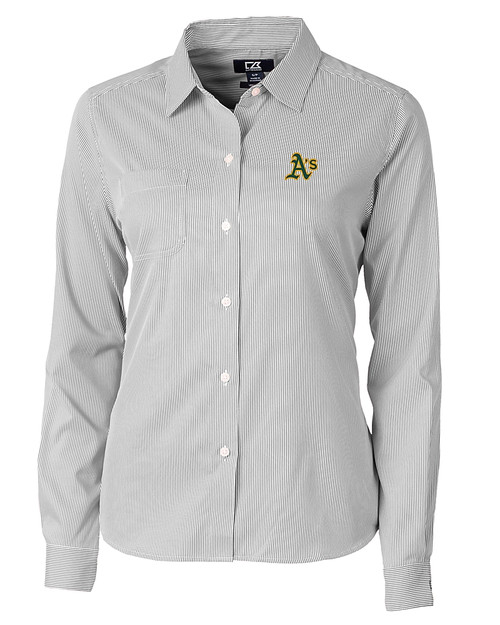 Oakland Athletics Cutter & Buck Versatech Pinstripe Stretch Womens Long Sleeve Dress Shirt Black Mannequin