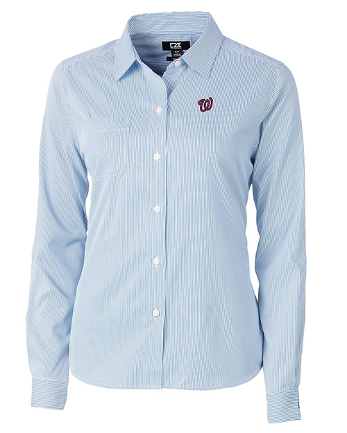 Washington Nationals Cutter & Buck Versatech Pinstripe Stretch Womens Long Sleeve Dress Shirt Indigo Mannequin