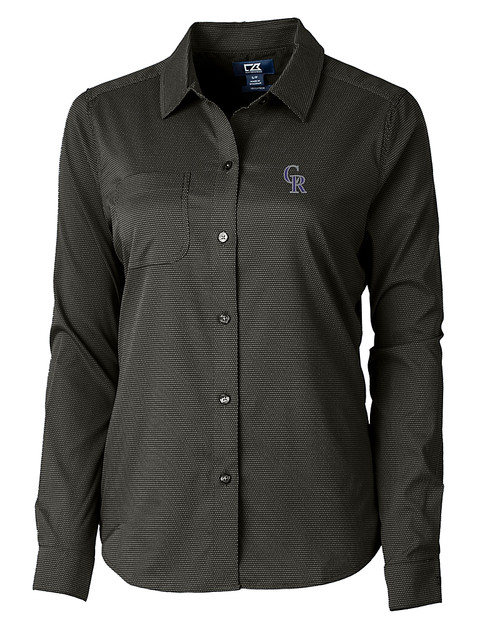Colorado Rockies Cutter & Buck Versatech Geo Dobby Stretch Womens Long Sleeve Dress Shirt Black Mannequin