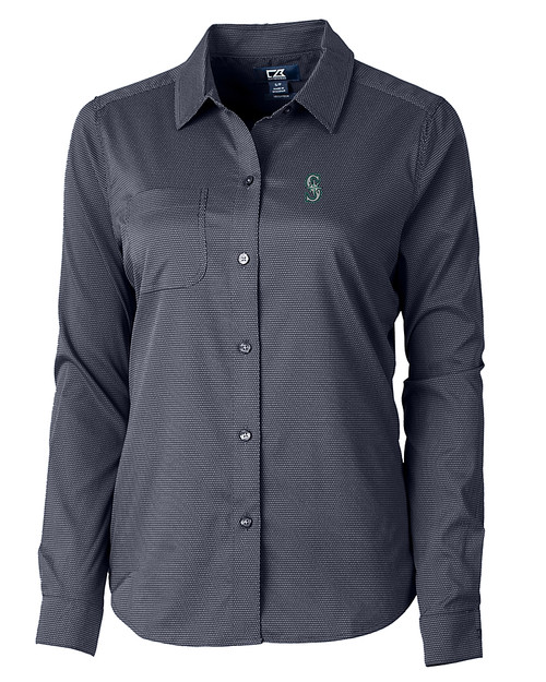 Seattle Mariners Cutter & Buck Versatech Geo Dobby Stretch Womens Long Sleeve Dress Shirt Liberty Navy Mannequin