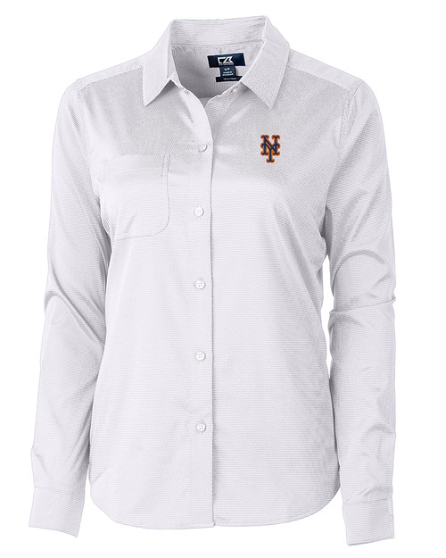 New York Mets Cutter & Buck Versatech Geo Dobby Stretch Womens Long Sleeve Dress Shirt White/Black Mannequin