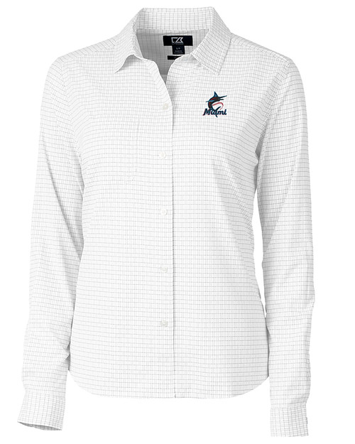Miami Marlins Cutter & Buck Versatech Tattersall Stretch Womens Long Sleeve Dress Shirt Charcoal Mannequin