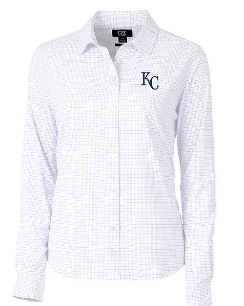 Kansas City Royals Cutter & Buck Versatech Tattersall Stretch Womens Long Sleeve Dress Shirt Atlas Light Blue Mannequin
