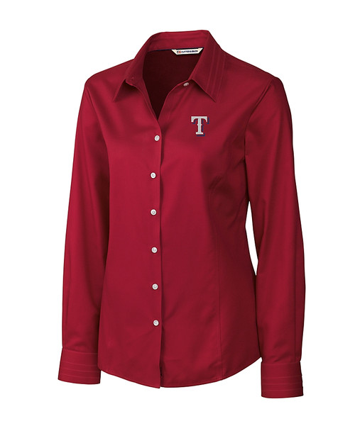 Texas Rangers Cutter & Buck Epic Easy Care Fine Twill Womens Long Sleeve Dress Shirt Cardinal Red Mannequin