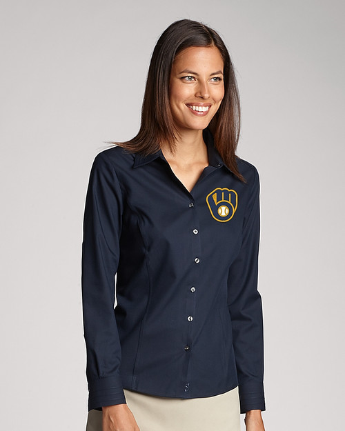 Milwaukee Brewers Cutter & Buck Epic Easy Care Fine Twill Womens Long Sleeve Dress Shirt Navy Blue Front
